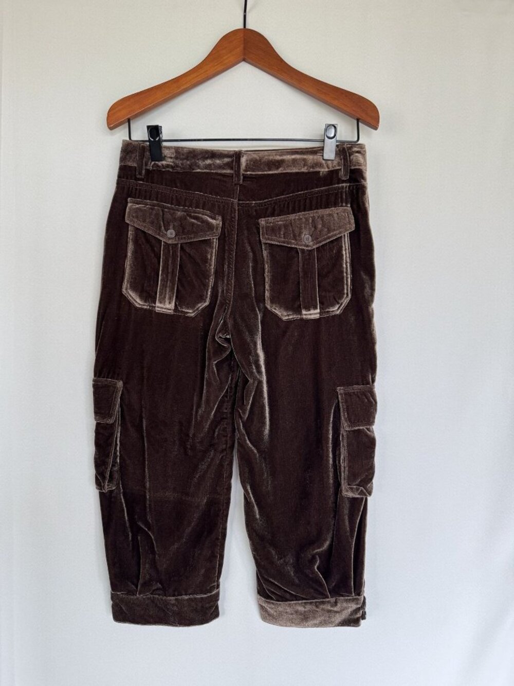 Y2k Metro 7 Chocolate Brown Crushed Velvet Mid Rise Cargo Jogger Capris Size 6 - Picture 8 of 13